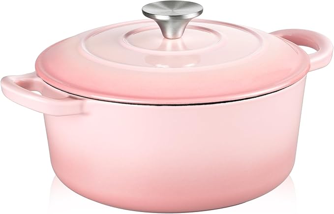 TeamFar Enameled Cast Iron Dutch Oven - 3QT Small Dutch Oven Pot with Lid - Heavy Duty Cast Iron Pot Cookware for Bread Baking, Braising, Stewing, Roasting, Pink