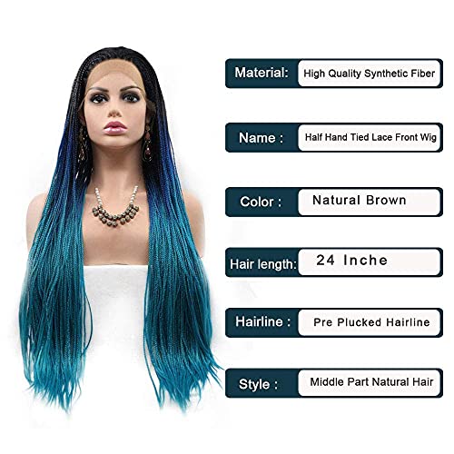 Braided Wigs for Black Women Ombre Blue Lace Front Wig Box Braided Lace Frontal Wigs Natural Hairline Synthetic Wigs Handmade Micro Braids Free Part Glueless Hair Replacement Wigs Cosplay Daily