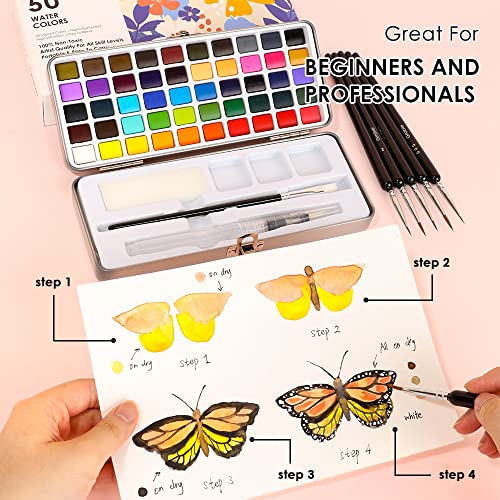 Grabie 50 Colors Watercolor Paint Set, Detail Paint Brush Included, Watercolor Paints, Painting Sets, Art Supplies for Pai...