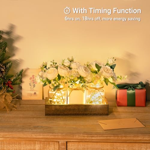 Mkono Mason Jar Lights Centerpiece Table Decor for Dining Room Farmhouse Wood Tray with 3 Jars Flowers Valentines Day Deco...