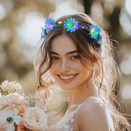 Foyte 4PCS Light Up Sunflower Headbands Daisy Floral Crown Hawaiian Headpieces Fairy Flower Hair Accessories for Summer Pa...