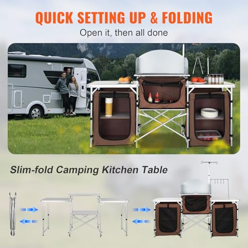 VEVOR Camping Kitchen Table, Folding Outdoor Cooking Table with Storage Carrying Bag, Aluminum Cook Station 3 Cupboard & D...