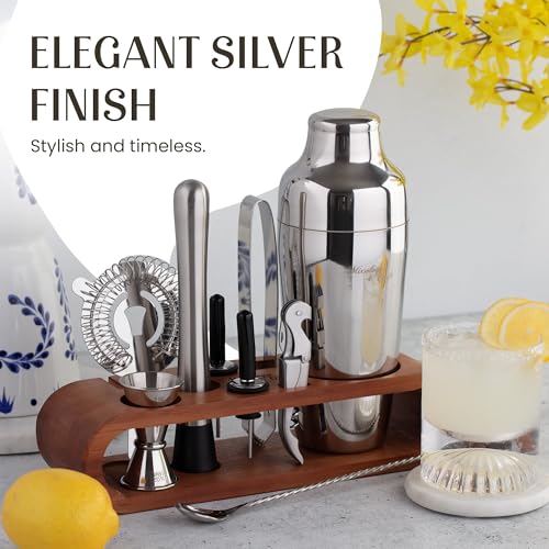 Mixology & Craft Cocktail Shaker Set with Dark Bamboo Stand - Professional 10-Piece Bartender Kit - Complete Bar Set & Coc...