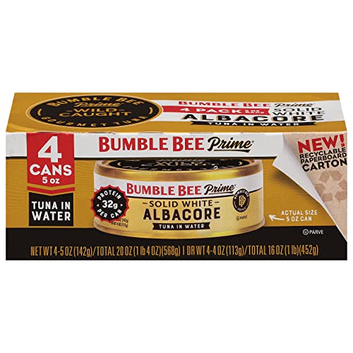 Bumble Bee Prime Solid White Albacore Tuna in Water, 5 oz Cans (Pack of 4) - Premium Wild Caught Tuna - 32g Protein per Se...