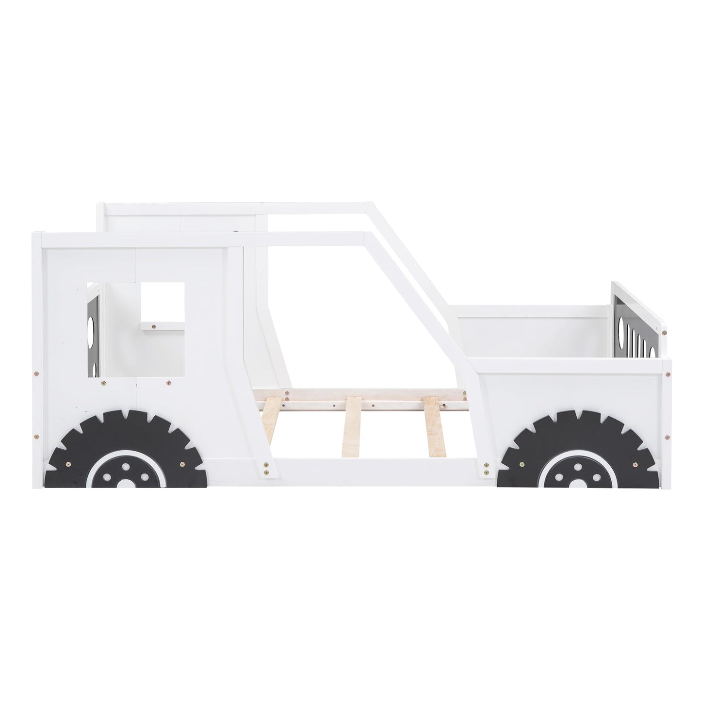 Twin Size Car Bed, Wood Floor Bed Frame with Headboard & Footboard and 4 Side Rails, Kids Racecar Bed for Boys Girls Teens, White