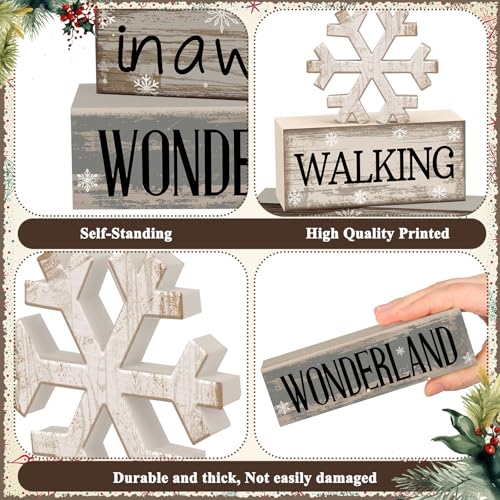 Moucuny 4 Pcs Winter Table Decorations Wooden Snowflake Decor Winter Tiered Snow Tray Decor Rustic Block Signs Gift Farmho...