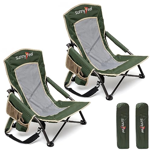 SUNNYFEEL Folding Low Camping Beach Chair 2 Pack, Lightweight Portable Lawn Chair with Mesh Back, Cup Holder for Outdoor/T...