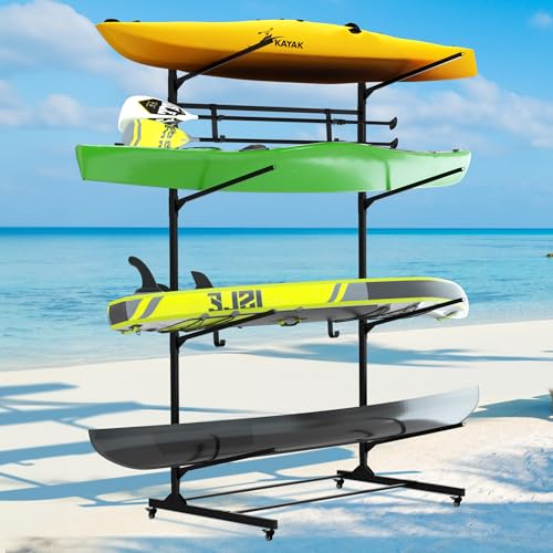 RELIANCER Freestanding Kayak Storage Rack w/Wheel,Adjustable Kayak Stand for Boat Dock,Garage,Indoor & Outdoor Canoe and K...
