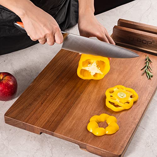 TJ POP Acacia Wood Cutting Board for Kitchen, Premium Wooden Chopping Board with Stand Organizer and Built-in Handle, 15.8...