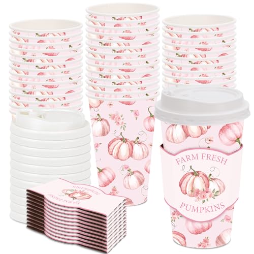 JarThenaAMCS 48 Set Fall Little Pumpkin Disposable Coffee Cups with Lids and Sleeves Pink Pumpkin Flower Paper Cups Fall D...