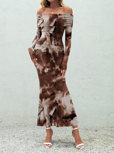 LILLUSORY Off The Shoulder Bodycon Floral Dress 2026 Fall Long Sleeve Maxi Wedding Guest Cocktail Going Out Club Dresses