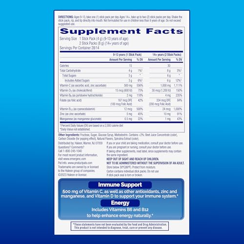 Emergen-C Immune Plus Crystals, On-The-Go Immune Support Supplement with Vitamin C, Vitamin D, B Vitamins, Zinc and Mangan...