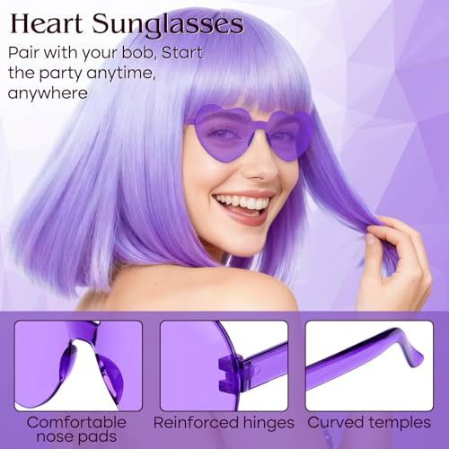 PLULON Short Light Purple Straight Bob Wig with Bangs, Shoulder Length Heat Resistant Synthetic Hair Bob Wigs with Heart S...