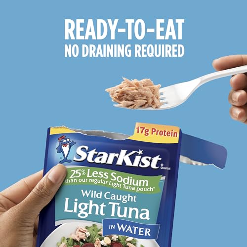 StarKist Reduced Sodium Chunk Light Tuna in Water, 2.6 oz Pouch (24 Pack) Ready to Eat Wild Caught Tuna, 17g Protein, Glut...