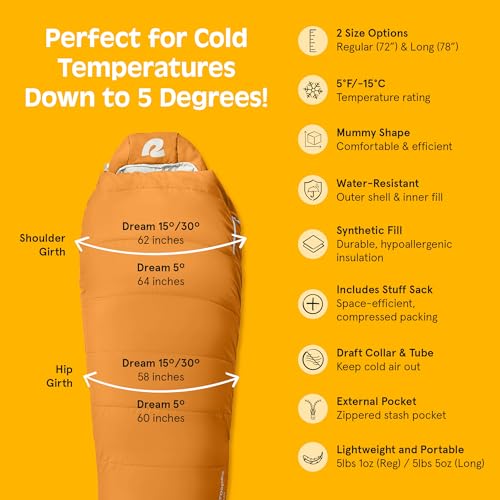 Retrospec Dream Mummy Sleeping Bag - 5, 15, & 30°F Cold Weather Camping & Travel Essential Gear with Water - Resistant She...