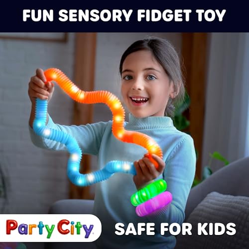 Party City 24pk LED Light Up Pop Tubes 25”- 3 Mode Stretchy Tubes LED Light Up Toys Bulk Glow Sticks Party Favors for Kids...