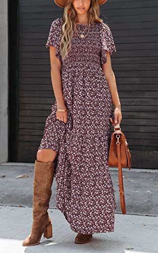 PRETTYGARDEN Women's 2026 Spring Casual Flutter Short Sleeve Boho Floral Maxi Dress Crew Neck Smocked Tiered Long Dresses