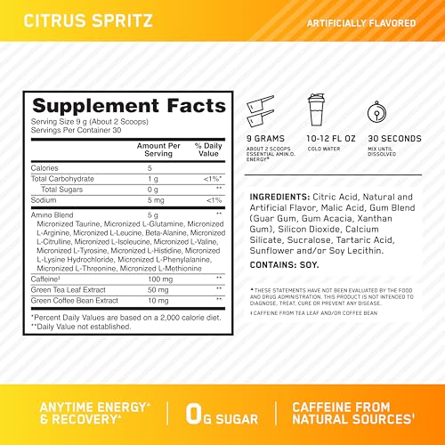 Optimum Nutrition Amino Energy Powder – Energy & Focus Pre Workout with Amino Acids, BCAA, Green Tea Caffeine & Coffee, Mu...