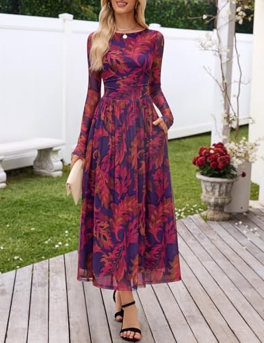 MEROKEETY Women's Long Sleeve Spring Wedding Guest Dress 2026 Crewneck Floral Flowy Mesh Cocktail Maxi Dresses