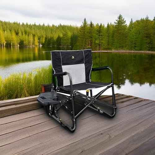 GCI Outdoor Freestyle Rocker XL with Side Table Camping Chair | Portable Folding Rocking Chair with Solid, Durable Armrests, Drink Holder & Comfortable Backrest ? Black