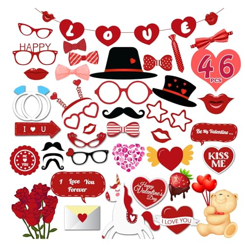 Leesgel 42 Pieces Valentine Photo Booth Props, Valentines Wedding Photo Booth Prop with Sticks and Banner, Red Heart Party...