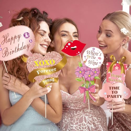 33PCS Glitter Birthday Photo Booth Props, LMSHOWOWO Rose Gold Party Photobooth Props Fun Selfie Props with Lips, Crowns, F...