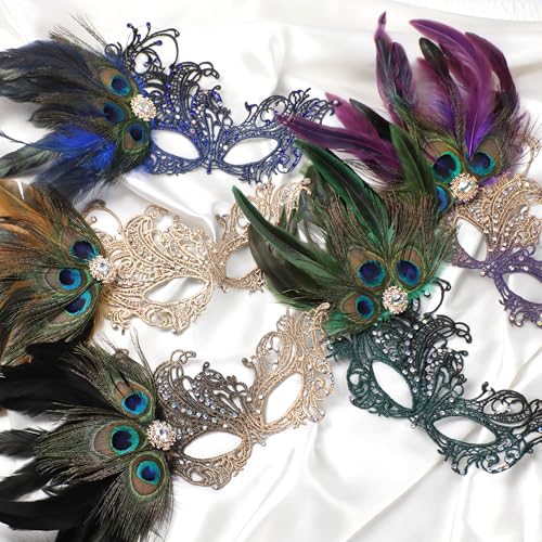 Zinniday Lace Masquerade Masks for Women - 1920s Peacock Feather Venetian Mask for Halloween Couples Mardi Gras Ball