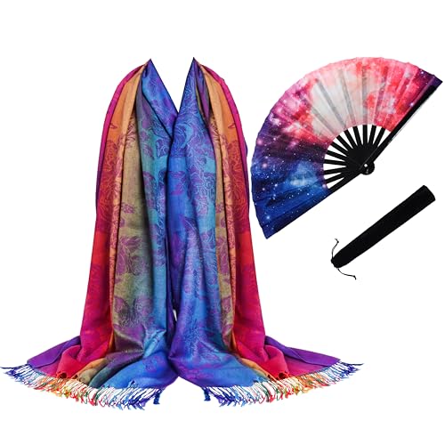 Jucoan Large Rave Fan and Pashmina Rave Scarf Floral Shawl Wrap Set for Women, 2- in-1 Rave Essential Bamboo Folding Clack...