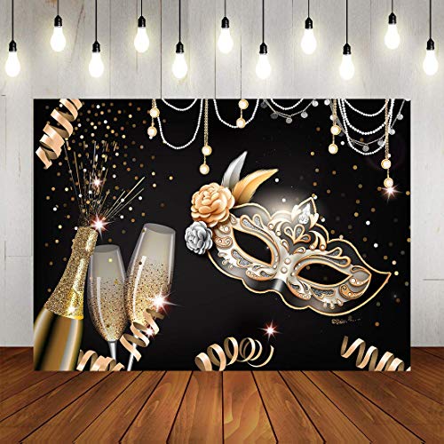 Masquerade Party Backdrops Retro Gold Black Mask Carnival Birthday Photography Backdrop 7x5ft Vinyl Fiesta Mardi Gras Danc...