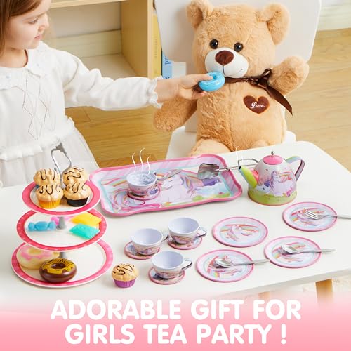 JOYIN 35Pcs Unicorn Tea Party Set for Little Girls, Pretend Tin Teapot Set, Princess Tea Time Play Kitchen Toy with Desser...