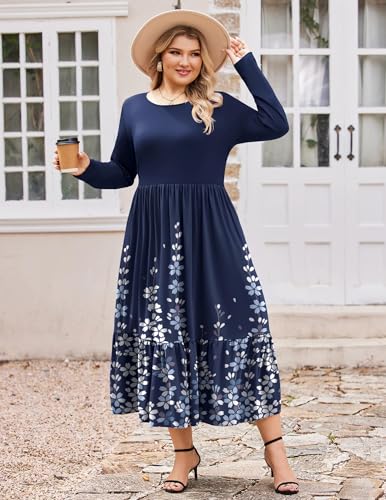 IN'VOLAND Women Plus Size Long Sleeve Dress Loose Casual Flowy Tiered Long Maxi Dresses with Pockets