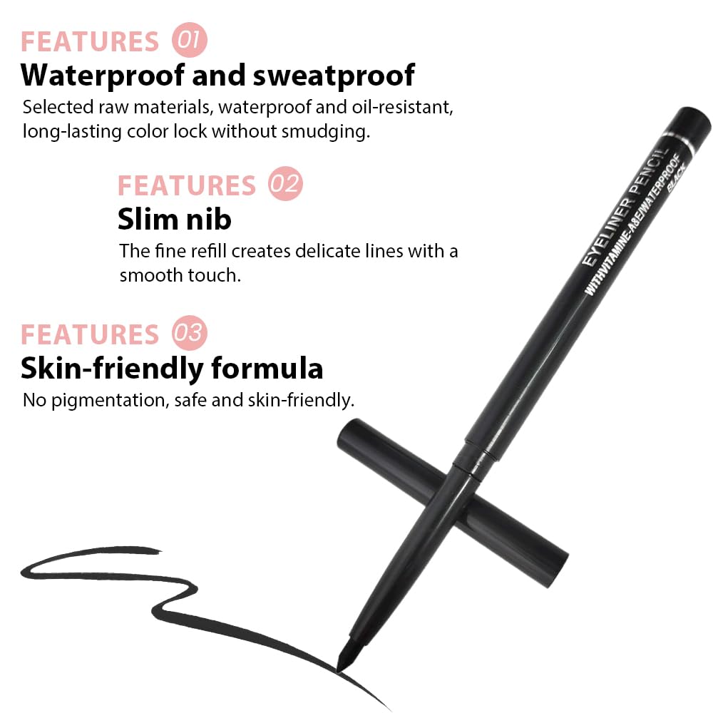 10PCS Black Automatic Waterproof Inner Eyeliner, Eyeshadow & Eyebrow Pencil - Multi-Use Cream Pen for Liner, Shadow & Brows