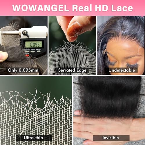 WOWANGEL 13x4 0.095mm Ultra-Thin Skinlike Real HD Lace Frontal & Closure,Straight Natural Hairstyles,Pre-Plucked Invisible Hairline,Unprocessed Virgin Human Hair,Invisible Knots HD Lace,12inch