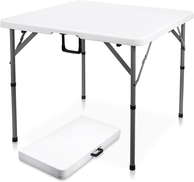Byliable 34" Square Folding Card Table, Fold-in-Half Utility Dining Portable Table Heavy Duty HDPE White Plastic Foldable ...