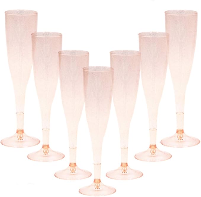 Homy Feel Rose Gold Glitter Plastic Champagne Flutes 30 Pack, 6.5 OZ Disposable Plastic Wine Glasses, Reusable Champagne G...