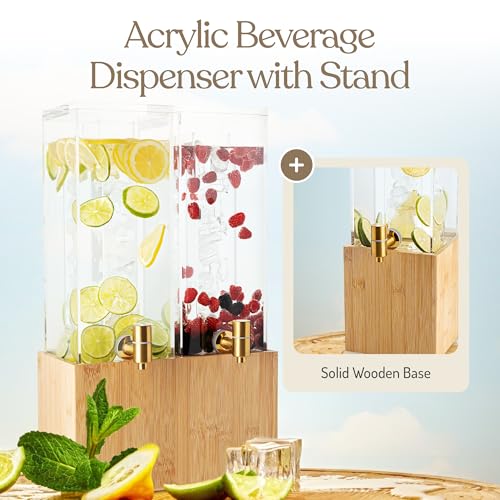 1.25 Gallon Dual Acrylic Beverage Dispenser with Bamboo Stand – Iced Drink Dispenser with Stainless Steel Spigot & Built-i...