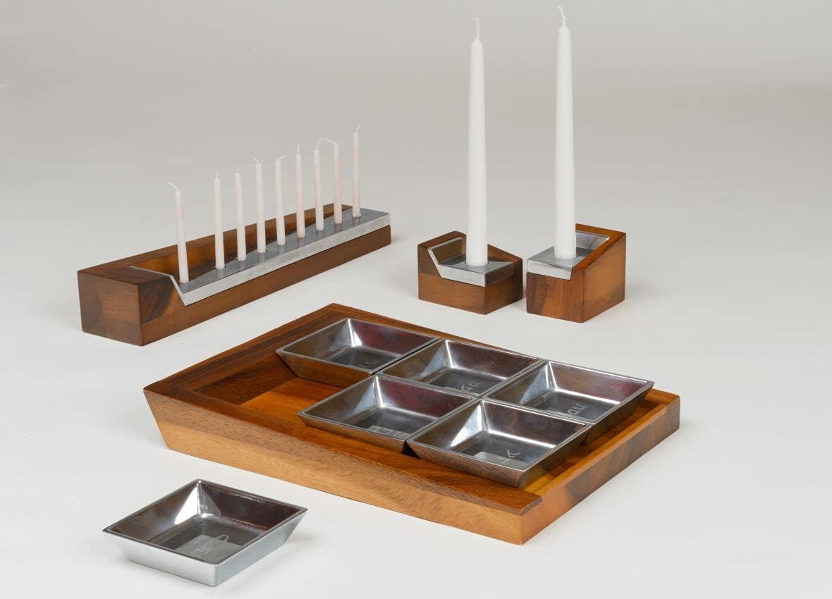 Nambe - Holiday Collection - Geo Wood and Alloy Seder Plate - Measures at 13.5" x 9.5" x 2" - Made with Nambe Alloy and Acacia Wood - Designed by Mikaela Dörfel