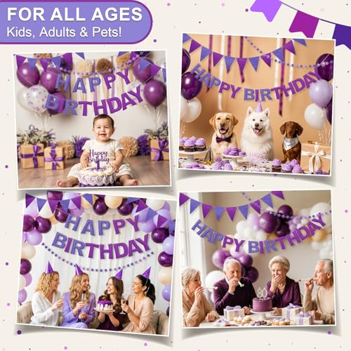 LITAUS Pre-Strung Happy Birthday Banner & Felt Garland Set - Ombre Purple Birthday Decorations for Women Men Boys Girls | ...