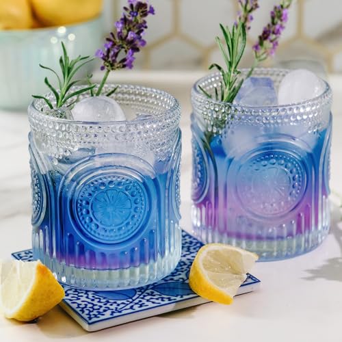 Ribbed Retro Arch Floral Clear Drinking Glasses Set of 6, (10 oz) Vintage Glassware Set by Kate Aspen| Cocktail Glass Set,...
