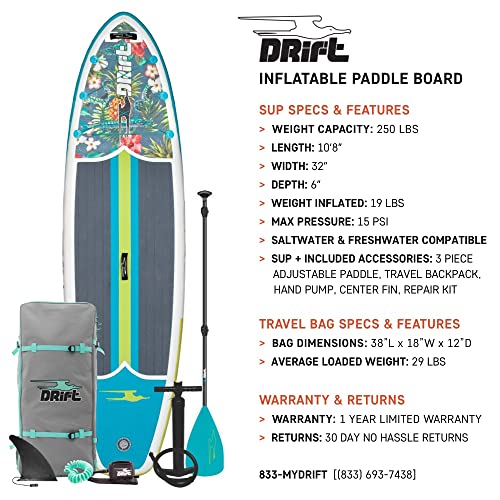 DRIFT Aero 10 FT 8in Inflatable Adult Stand Up Paddle Board Kit Includes Accessories Adjustable Paddle iSUP Travel Bag Blo...