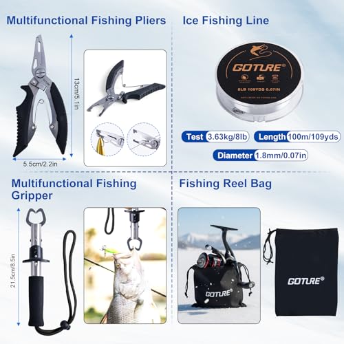 Goture Ice Fishing Rod and Reel Combo with Carry Bag, 24''Medium Spinning Ice Fishing Pole, 58Pcs Jigs & Lures with Storag...