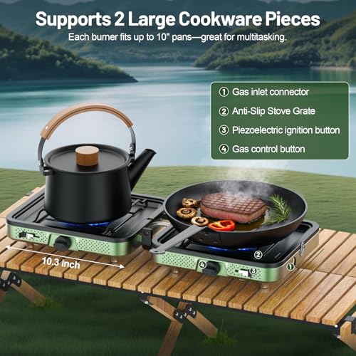 Portable Camping stove, 2 Burner Foldable Camping Stove with Griddle and Carrying Bag & Hose, 8600BTU Portable Propane Cam...