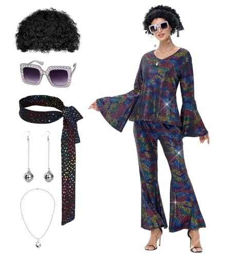 70s Disco Costume for Women - 1970s Disco Outfit with Wig, Earrings, glasses, Necklace, Headband, Sequin Top & Bell Bottoms