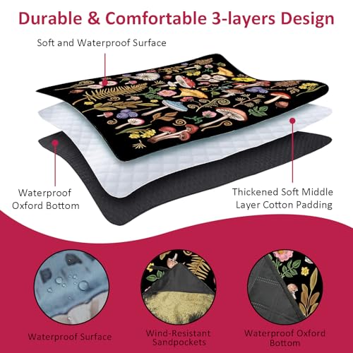 Mushroom Picnic Blankets Waterproof Foldable Picnic Outdoor Blanket 80"x 80" Picnic Mat 3-Layer Thicking Outdoor Foldable ...