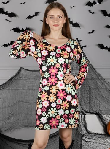 DANAZANA Women's Halloween Floral 60s 70s Hippie Costume Dress Women Groovy Hippy Inspired Bell Sleeves Dresses Retro A Line Mini Dress Vintage Boho Cowgirl Costumes Woodstock Party Black