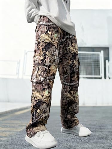 Men's Autumn Camo Tactical Straight Leg Pants - Foliage Pattern Outdoor Survival Trousers for Huntin