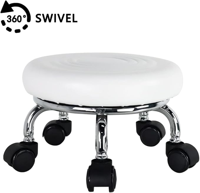 WKWKER Modern Roller Seat PU Leather Foot Stool Low Round Rolling Stool 360° Step Stool Swivel Small Seat with Universal Wheels for Home Office Garage Shop Fitness Sport H：8.4" （White）