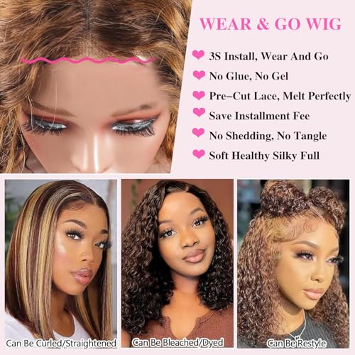 Wear and Go Glueless Wigs Human Hair Highglight Ombre Honey Blonde Curly Bob Wig 5x5 HD Pre Plucked Pre Cut Lace Closure Deep Wave Wig for Beginners Wet and Wavy Lace Front Wigs 16 Inch