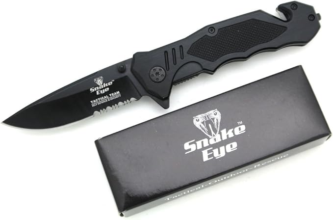 Snake Eye Tactical All Black Rescue Style Assisted Folding Pocket Knife Hunting Camping Fishing Outdoors Razor Sharp Blade...