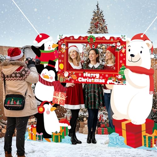 Christmas Photo Booth Props Selfie Frame Banner Polar Bear Penguin Xmas Backdrop for Christmas Xmas Winter Holiday Party N...